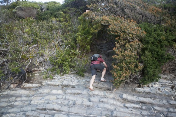 Climbing up the cliff from Surprise Bay.